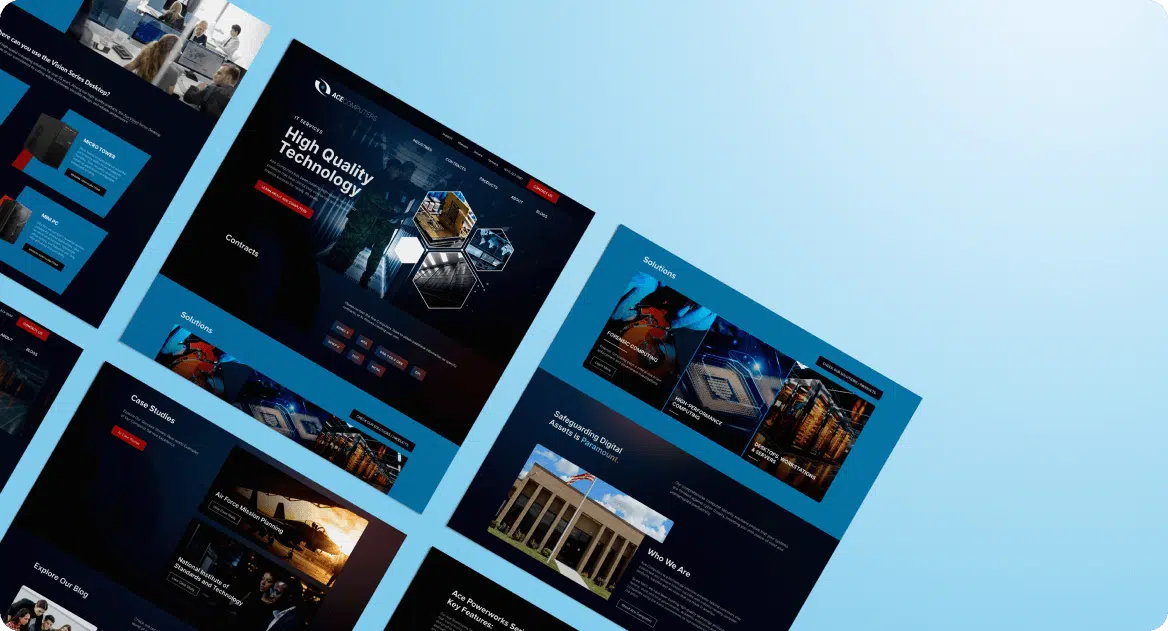 Digital mockups of technology-themed web pages with blue, black, and red accents displayed on a tilted grid layout.