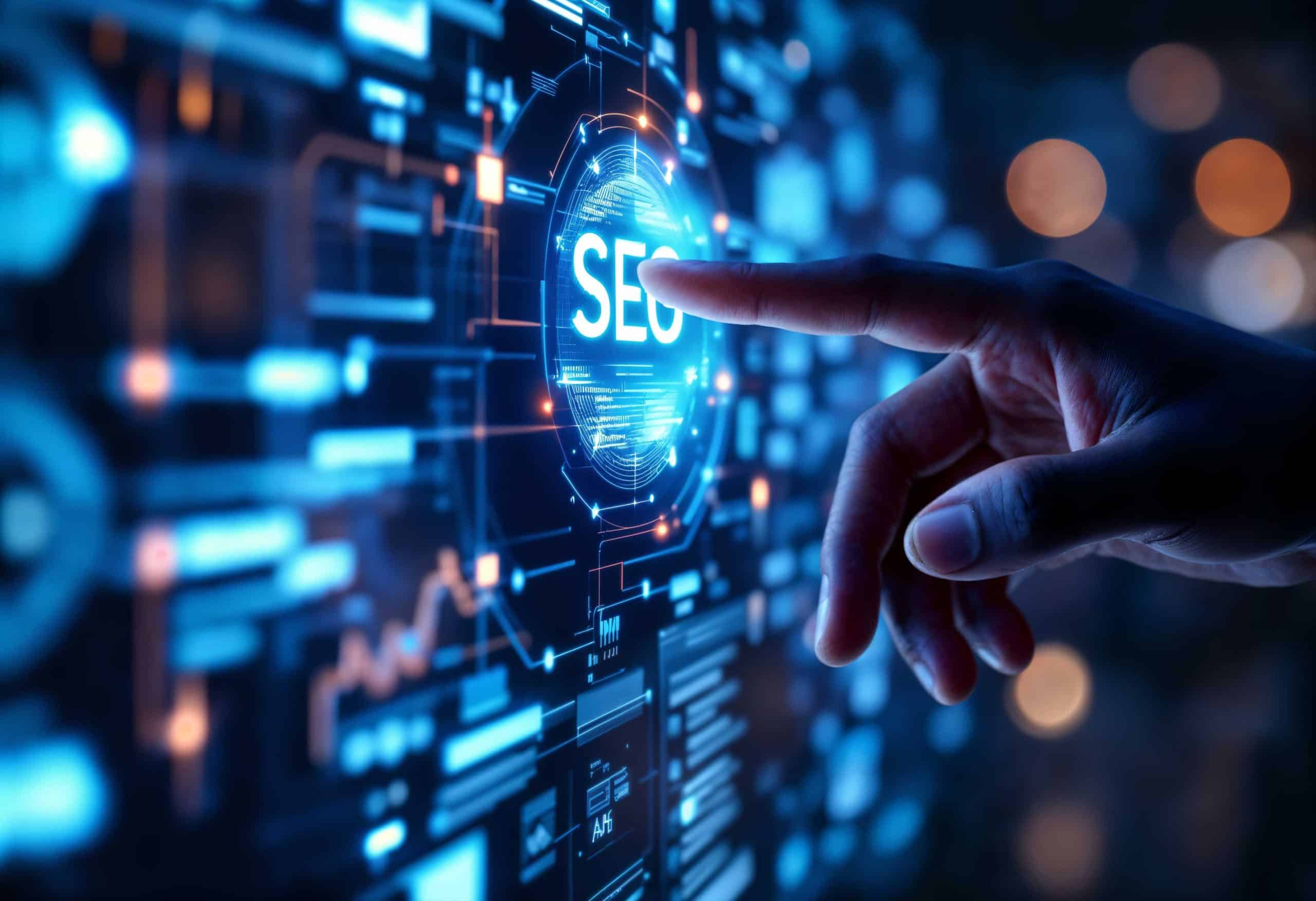 A hand touches a digital screen displaying the word "SEO" surrounded by futuristic data and technology icons, symbolizing search engine optimization and White Label SEO Services for Agencies.