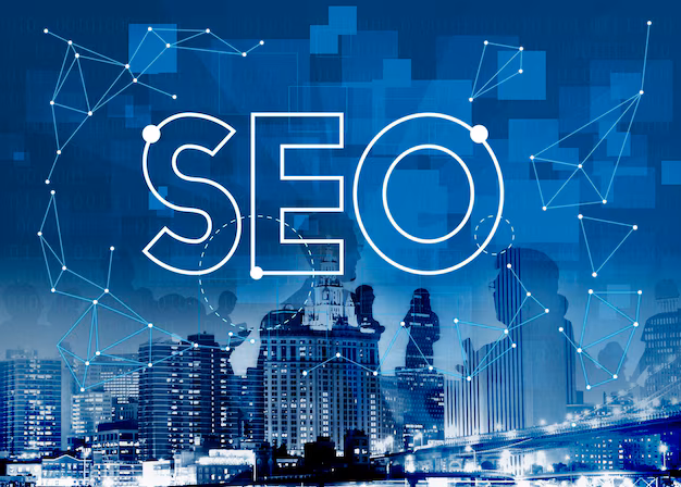 The word "SEO" is displayed in large letters over a city skyline background with abstract digital network graphics, highlighting the role of a google ads marketing agency in driving online visibility.